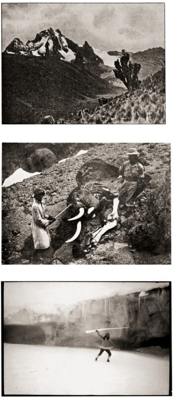 A collage of three vintage photos: a snow-capped mountain peak, two people cutting meat from a large animal carcass, and a person balancing on snow in front of a train or industrial backdrop.