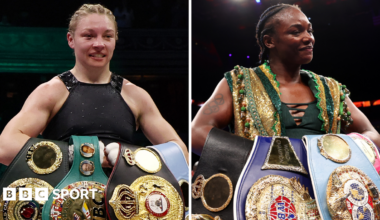 Split image of Lauren Price with her world titles and Deontay Wilder and Derek Chisora facing off