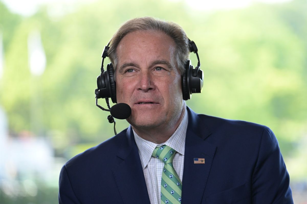 CBS Sports commentator Jim Nantz in the booth during the third round of  the Memorial Tournament presented by Workday at Muirfield Village Golf Club