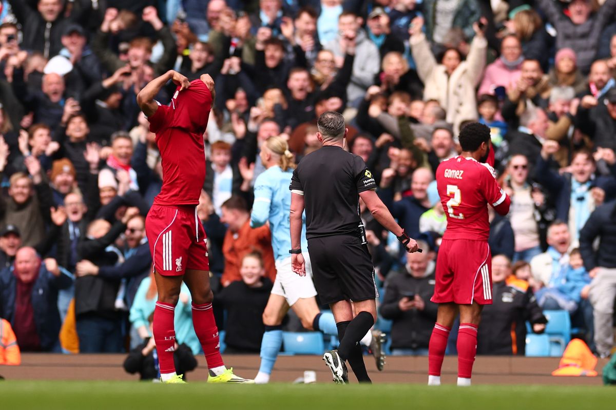 Ryan Gravenberch of Liverpool reacts after Erling Haaland of Manchester City scored for 4-0 during the Emirates FA Cup Quarter Final match between Manchester City and Liverpool on April 4, 2026 in Manchester, England