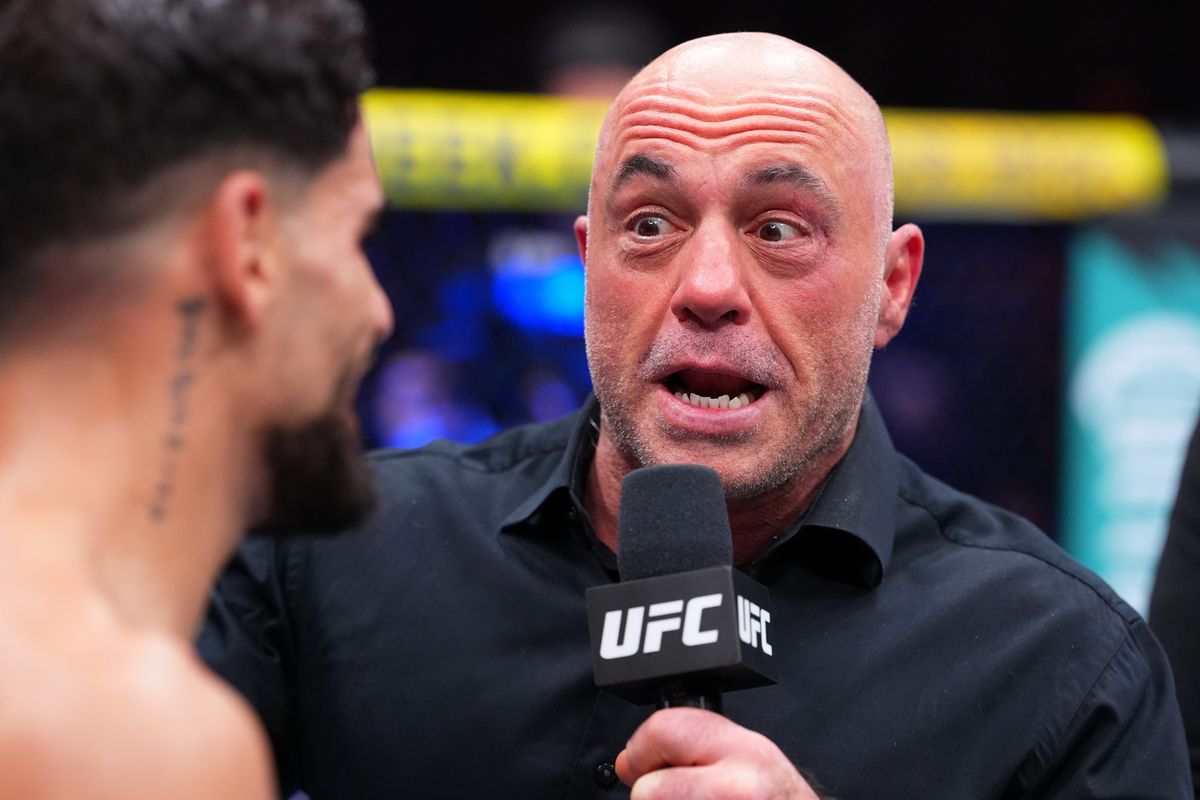Joe Rogan interviews Alberto Montes of Venezuela following a featherweight fight during the UFC 326 event at T-Mobile Arena on March 07, 2026 in Las Vegas, Nevada