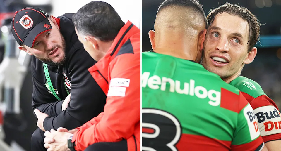 South Sydney players such as captain Cameron Murray (R) reckon assistant Ben Hornby would be an ideal candidate to replace former Dragons coach Shane Flanagan (L). Pic: Getty