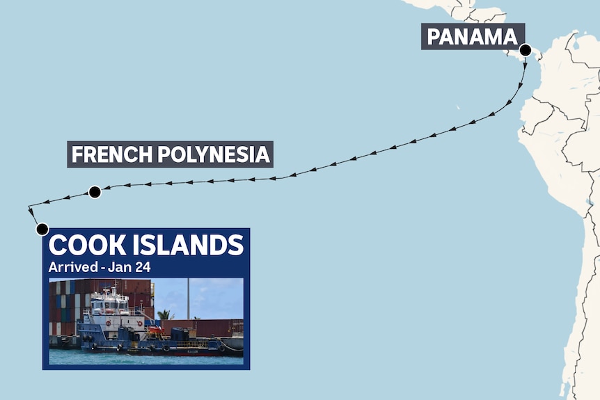 Map graphic showing mv raider going from panama to french polynesia to cook islands jan 24
