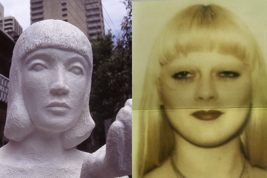 A split frame of a statue of a woman and an older photograph of a woman. They look similar. 
