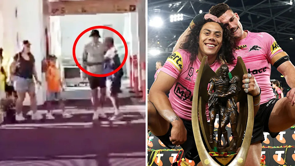 Jarome Luai seen in PNG and Nathan Cleary embracing Luai.