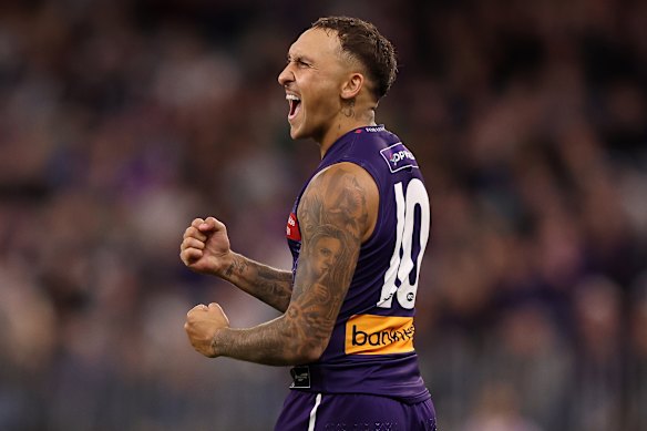 Shai Bolton of the Dockers celebrates a goal.