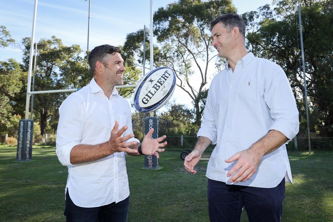 Former Australian rugby players Matt Hodgson and Sam Carter pictured at RugbyWA HQ, Floreat, Perth, on Tuesday. Picture: Carwyn Monck