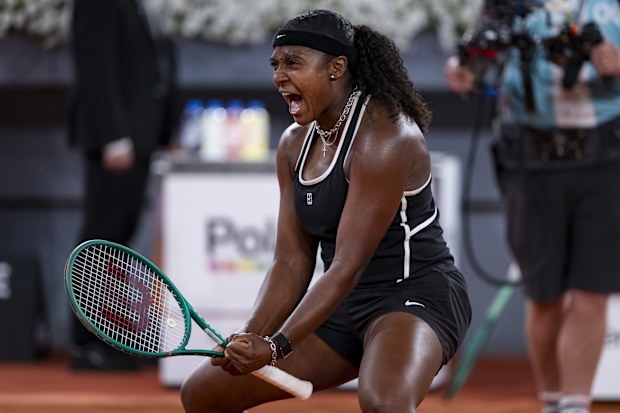 Hailey Baptiste of the United States celebrates the victory against Aryna Sabalenka during the Women's Singles quarter-final match on day nine during the Mutua Madrid Open 2026 tournament celebrated at La Caja Magica on April 28, 2026 in Madrid, Spain. (Photo by Alberto Gardin/Eurasia Sport Images/Getty Images)