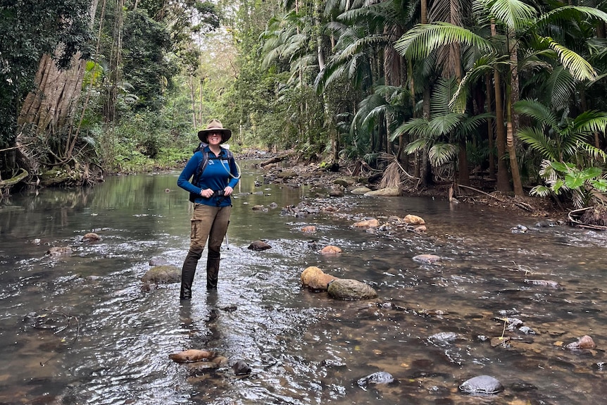 A woman wearing a broad hat standing in a tropical stream