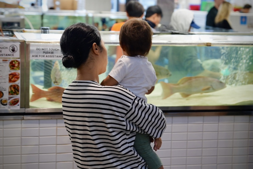 A woman holds a small child watching a fish tank at a fish market