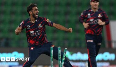 Hasan Ali celebrates taking the wicket of Quetta Gladiators' Tom Curran for Karachi Kings during their Pakistan Super League clash in March.