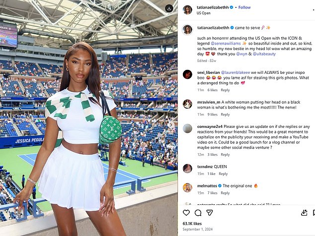 This 2024 Instagram post shows a photo of Tatiana Elizabeth standing at the US Open. The influencer is seen in the photo wearing a white t-shirt and tennis skirt with a green bag