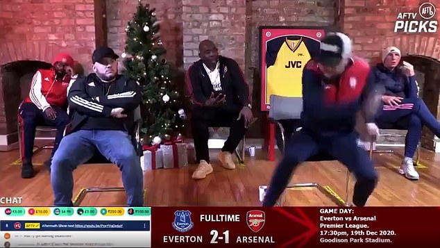 AFTV regulars Ty (back left), Lyle (centre), DT (second right) and Lee Judges (right) react angrily on a live stream during a defeat at Everton