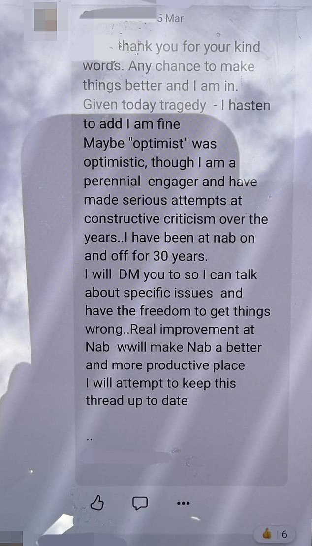 One NAB staffer referred to the suicide of an employee on March 5 (pictured)