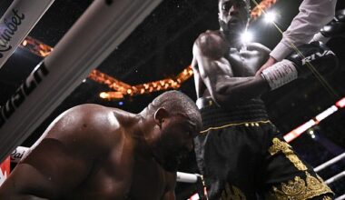 Deontay Wilder sends Derek Chisora to the floor - after telling him 'I'm sorry, I love you'