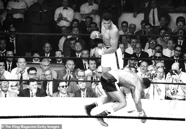 Muhammad Ali knocks down Sonny Liston with a left hook in his final fight as Cassius Clay