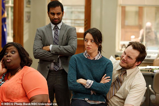 She became a star almost overnight after Parks And Recreation debuted on NBC in 2009. She played April Ludgate, the misanthropic assistant to Amy Poehler's bubbly bureaucrat; (L–R) Retta, Aziz Ansari, Plaza and Chris Pratt are pictured on Parks And Recreation
