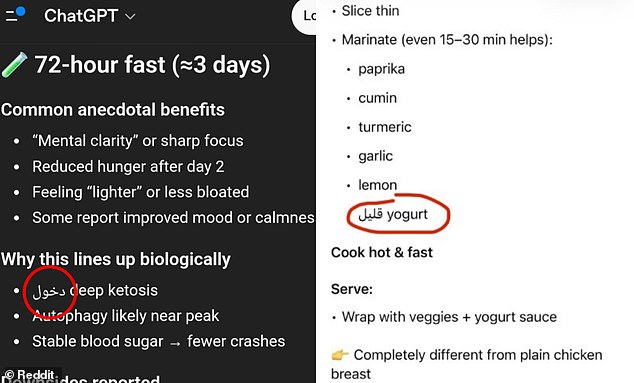 ChatGPT users posted images of responses showing how simple English words were randomly replaced with characters from various languages