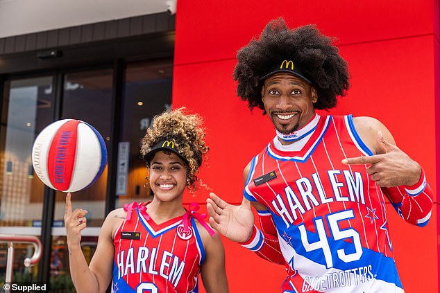 Kaylin 'Sunshine' West (left) told Daily Mail the Harlem Globetrotters will be showing off their favourite tricks and 'getting everyone involved' at the event. She's pictured here with Alex 'Moose' Weekes