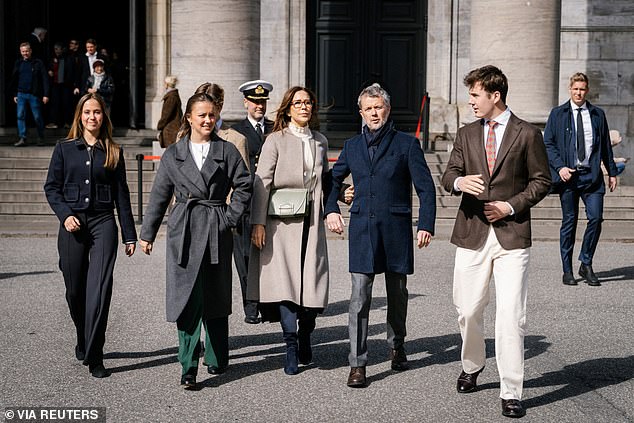 The Danish royal family were last photographed all together in Copenhagen following church on Easter Sunday. Pictured (from L to R) Princess Josephine, Princess Isabella, Prince Vincent, Queen Mary, King Frederik and Crown Prince Christian