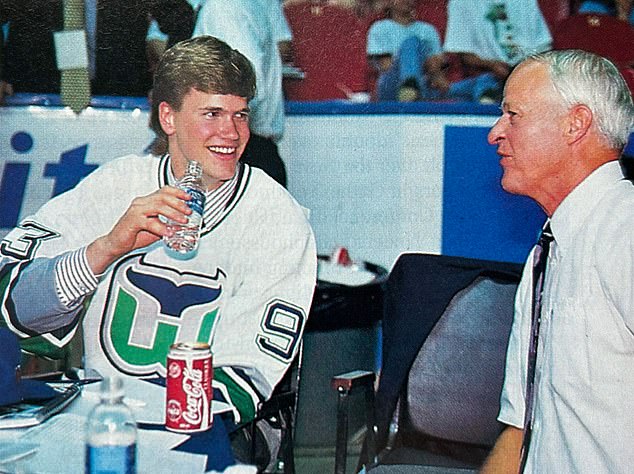 A young Pronger laughs with former Hartford Whalers star Gordie 'Mr Hockey' Howe