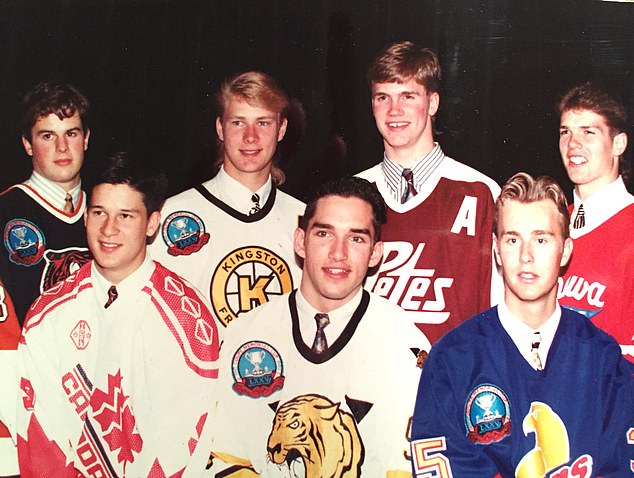 Chris Pronger (back row, center right) with some members of his draft class including Paul Kariya (front row, far left) and first-overall pick Alexandre Daigle (front row, center)