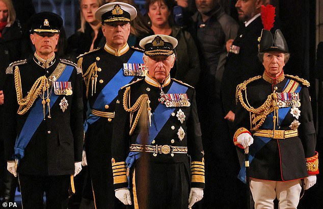 King Charles III, the Princess Royal, the Duke of York and the Earl of Wessex arrive to hold a vigil beside the coffin of their mother, Queen Elizabeth II