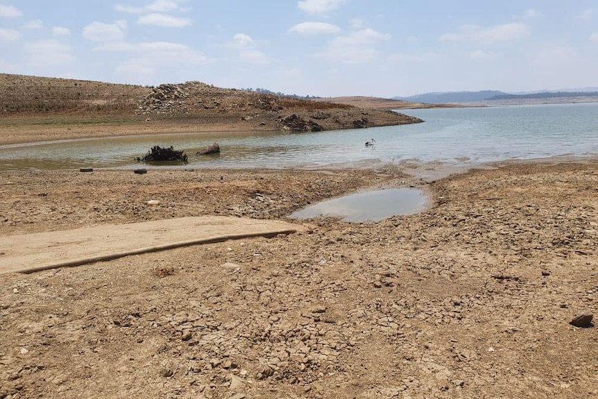 A dam containing a low level of water, exposing the bank