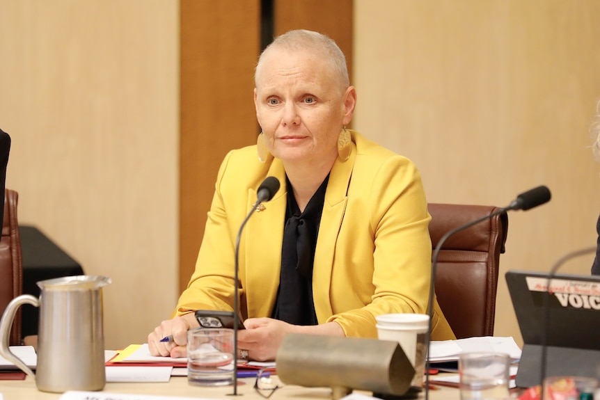 A white woman with a shaved head sits in a senate committee, she is wearing a yellow jacket and earrings with a black top