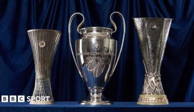 A group photo of the trophies for the Uefa Conference League, Uefa Champions League and Uefa Europa League
