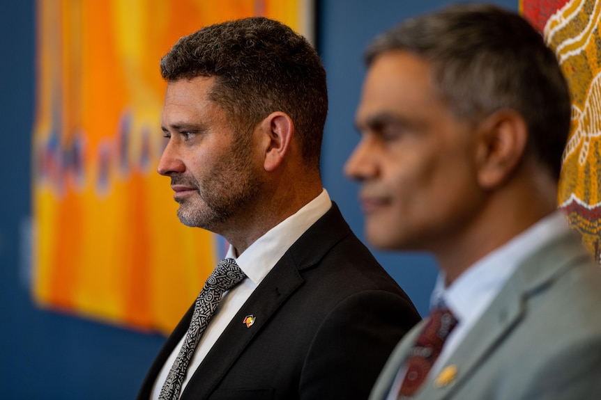 Minister for Aboriginal Affairs Kyam Maher and Commissioner for First Nations Voice Dale Agius.