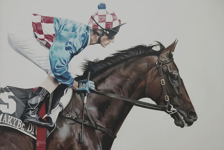 A hyper-realistic, coloured drawing of a jockey riding a horse whose saddle reads "Makybe Diva".