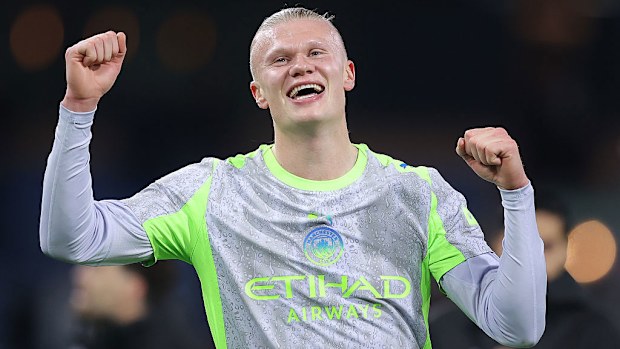 Erling Haaland of Manchester City celebrates after the Premier League match.
