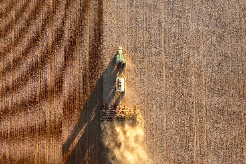 A drone shot of dry seeding in a paddock near Jamestown, in SA's mid north in May 2025
