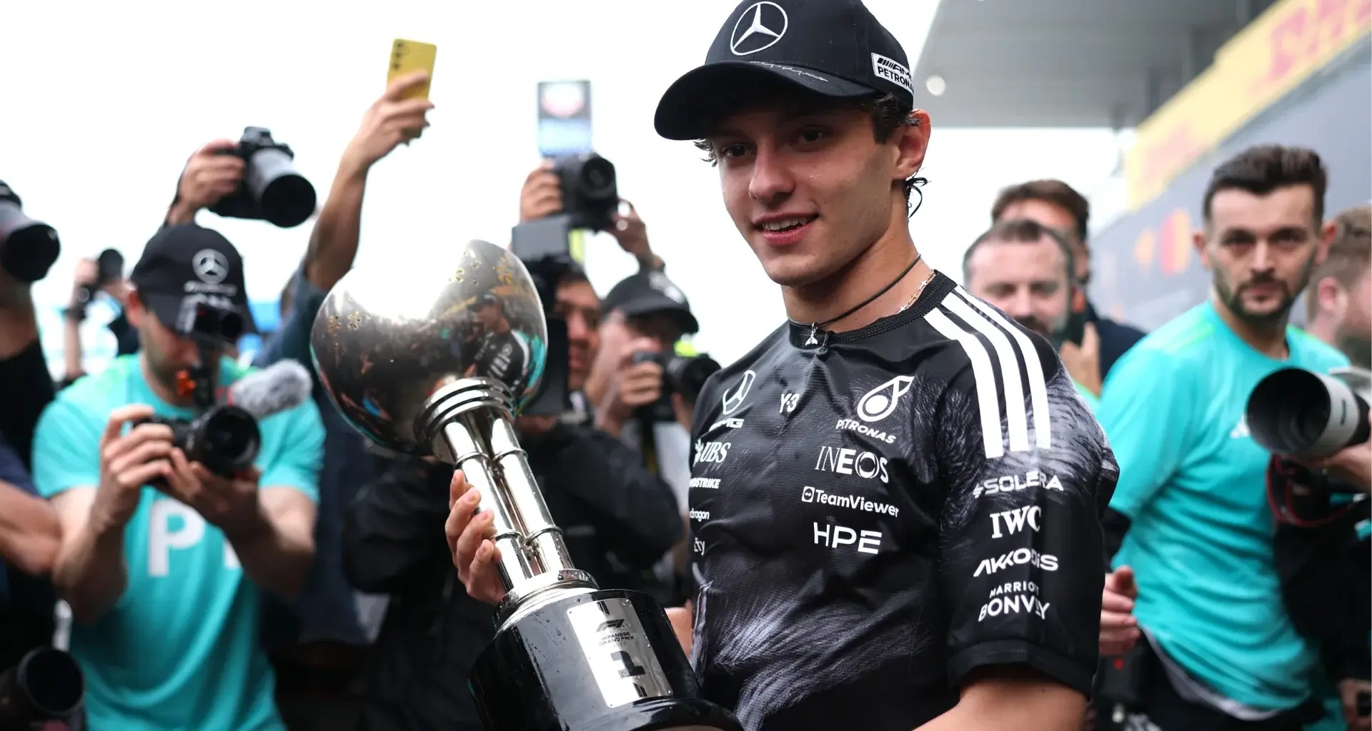 SUZUKA, JAPAN - MARCH 29: Race winner Andrea Kimi Antonelli of Italy and Mercedes AMG Petronas F1