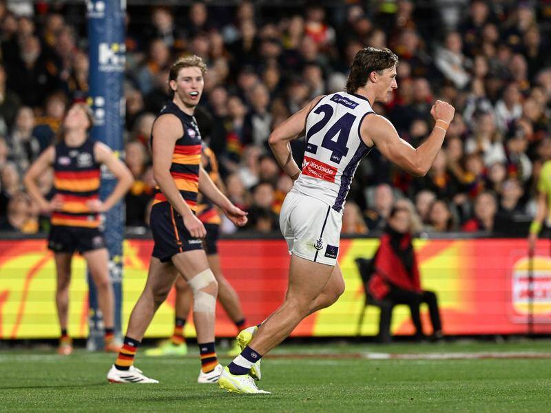 Fremantle have clung on to beat Adelaide, with Jye Amiss kicking four goals. Photo: Michael Errey/AAP PHOTOS