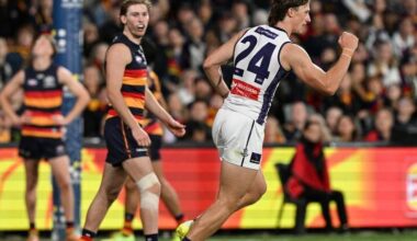 Fremantle have clung on to beat Adelaide, with Jye Amiss kicking four goals. Photo: Michael Errey/AAP PHOTOS