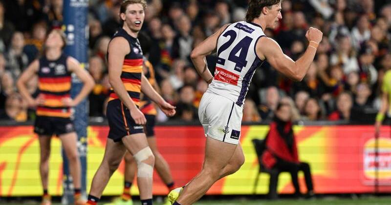 Fremantle have clung on to beat Adelaide, with Jye Amiss kicking four goals. Photo: Michael Errey/AAP PHOTOS