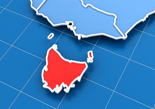 An outline map showing Victoria and the Tasmanian landmasses, with Victoria in light blue and Tasmania in red