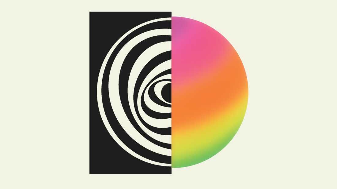 Cover graphic for The Edge of Space-Time. The image is a circle divided in half; on the right side is half of a pink, yellow, orange and green orb, and on the other side is a target-like black and white graphic.