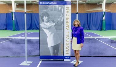 The women's tennis team huddles in a circle prior to its match vs. Illinois