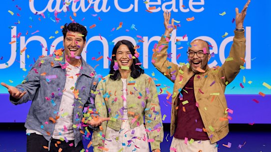 Canva co-founders Cliff Obrecht and Melanie Perkins, pictured with fellow co-founder Cameron Adams.