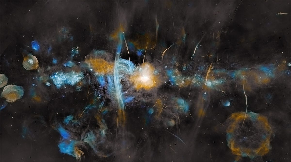 An image of the supermassive black hole at the centre of the Milky Way, captured by the MeerKAT radio telescope. Credit: NASA, ESA, CSA, STScI, SARAO, Samuel Crowe (UVA), John Bally (CU), Ruben Fedriani (IAA-CSIC), Ian Heywood (Oxford)