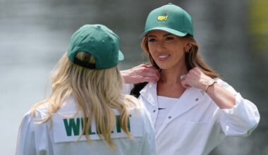 Paulina Gretzky caddies for Dustin Johnson at Masters Par 3 Contest