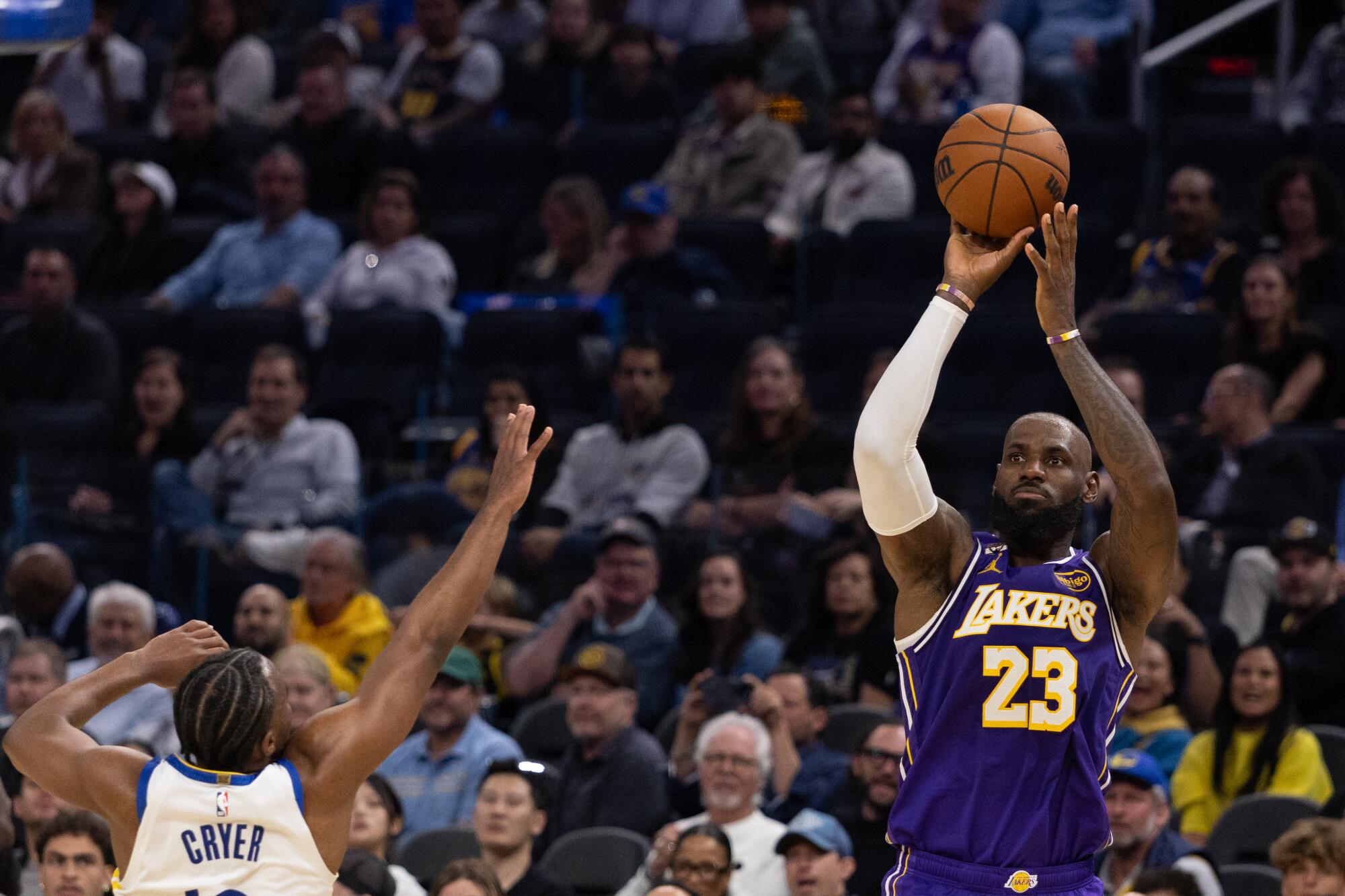 Lakers star LeBron James shoots during a win over the Golden State Warriors on Thursday.