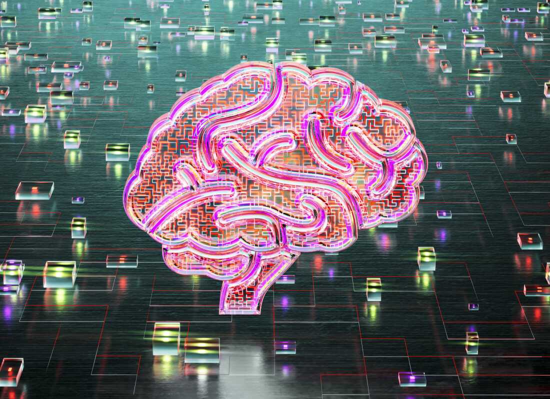 An illustration shows an illuminated, glassy pink and purple brain on a greenish background of cubes and switches, suggesting a mind influenced by technology.
