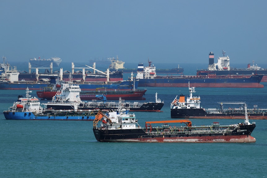 Multiple oil tankers in the Singapore Strait