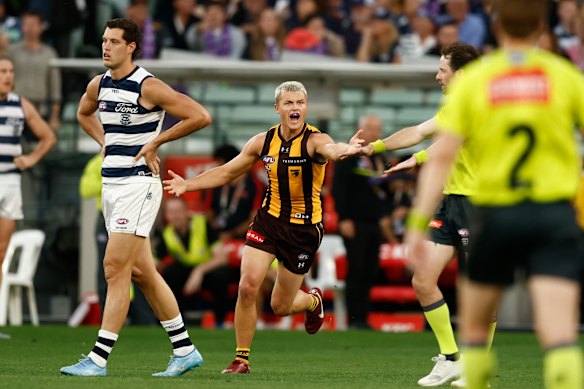 A fired up Ginnivan was among Hawthorn’s best players on Easter Monday against Geelong.