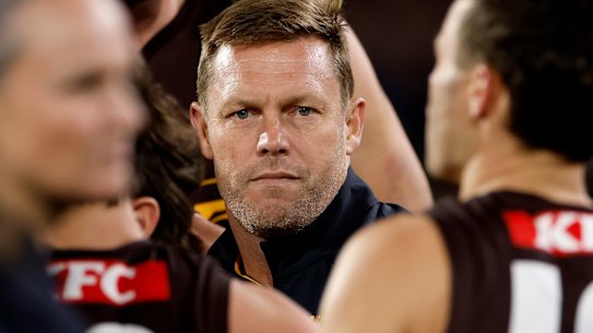 Not happy Sam: Hawthorn’s coach Sam Mitchell gave a good, old-fashioned spray at three-quarter-time.