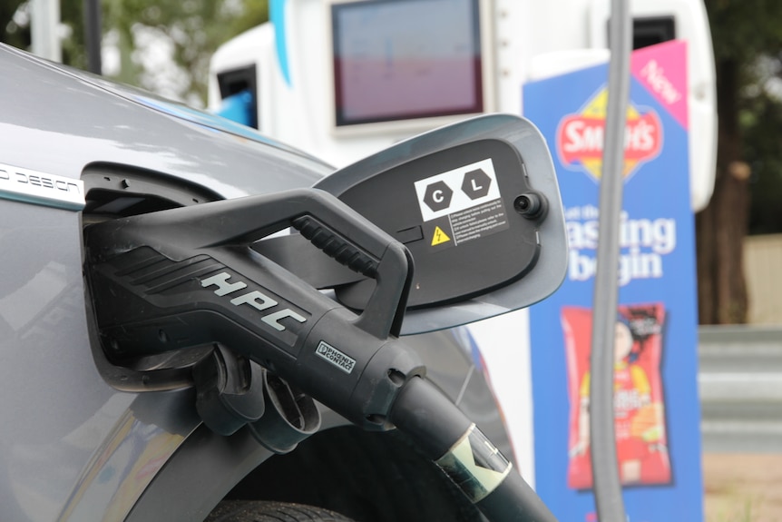 Close up of electric vehicle being charged at a station in regional NSW. 